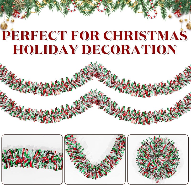 Qudoustar 50Ft Christmas Tinsel Garland - Shiny Metallic Tinsel Twist Hanging Garland for Christmas Tree Home Stairs Railing Front Door Mantle Fireplace Indoor Outdoor Holiday Party Decor (Red Green White) - Image 3